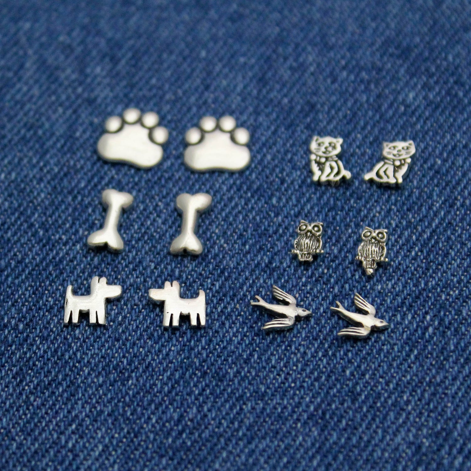 Cute Dog, Cat, & Bird Studs in Sterling Silver Puppy, Dog Paw Print, Dog Bone, Owl, Kitty Cat and Dove Bird, Tiny Minimalist Stud Earrings