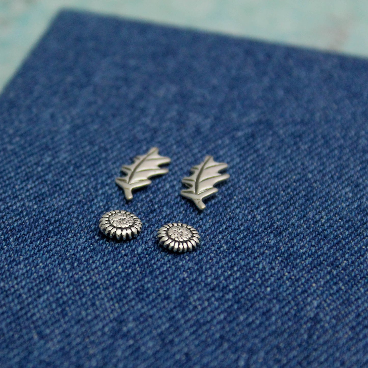 Cute Studs in Sterling Silver Sunflowers and Fall Leaves, Minimalist Silver Stud Earrings, Cute Gift for Her, Fall Style Stud Earrings