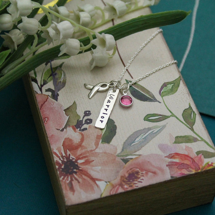 Personalized Cancer Survivor Necklace in Sterling Silver, Cancer Warrior Necklace Gift, Breast Cancer Survivor Necklace, Recovery Ribbon