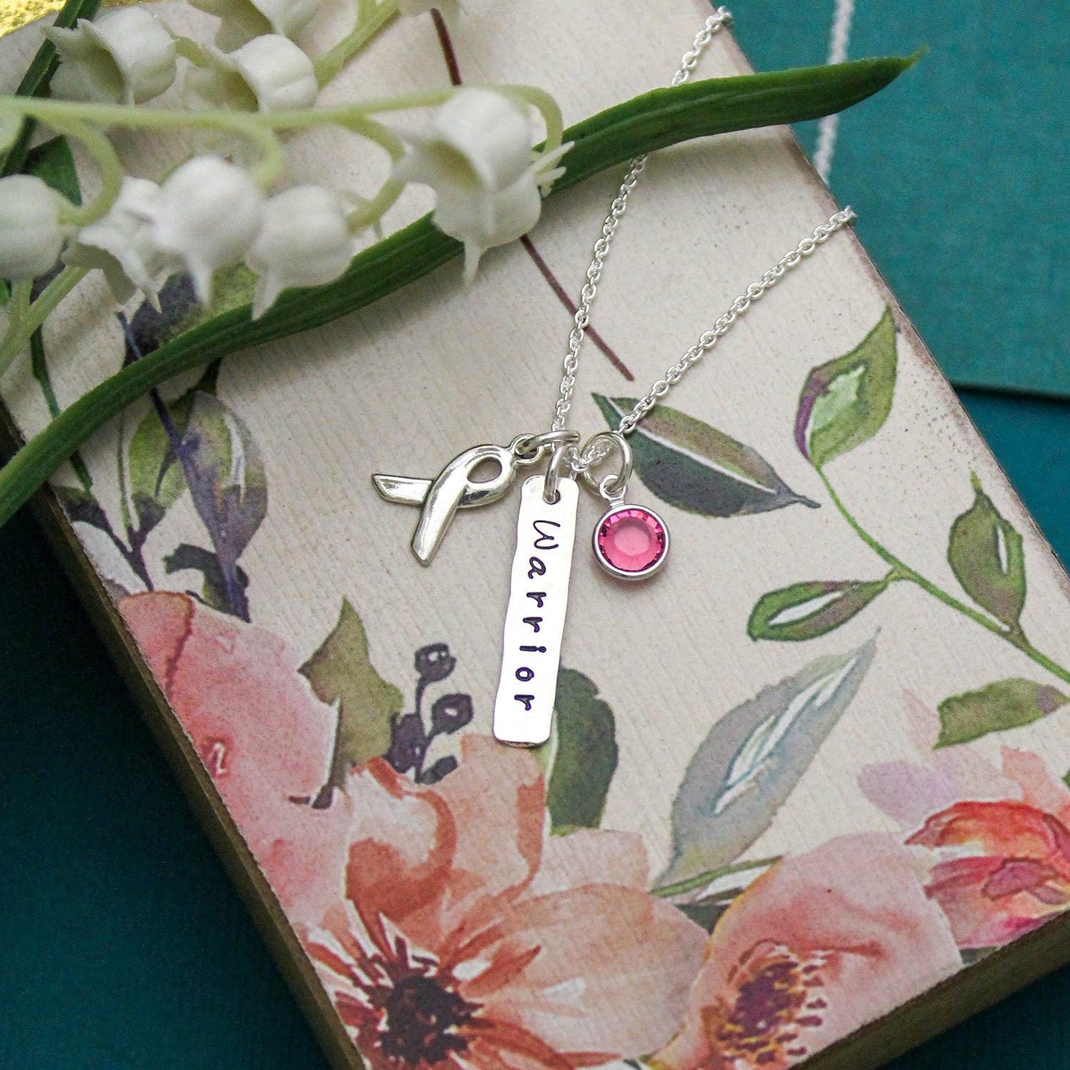 Personalized Cancer Survivor Necklace in Sterling Silver, Cancer Warrior Necklace Gift, Breast Cancer Survivor Necklace, Recovery Ribbon