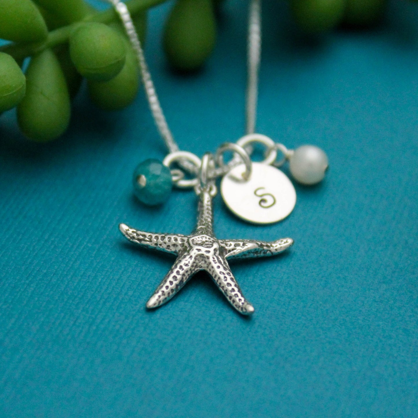 Sterling Silver Personalized Starfish Necklace with Initial and Birthstone, Pearl, Shell or Sea Glass Charms Hand Stamped Jewelry