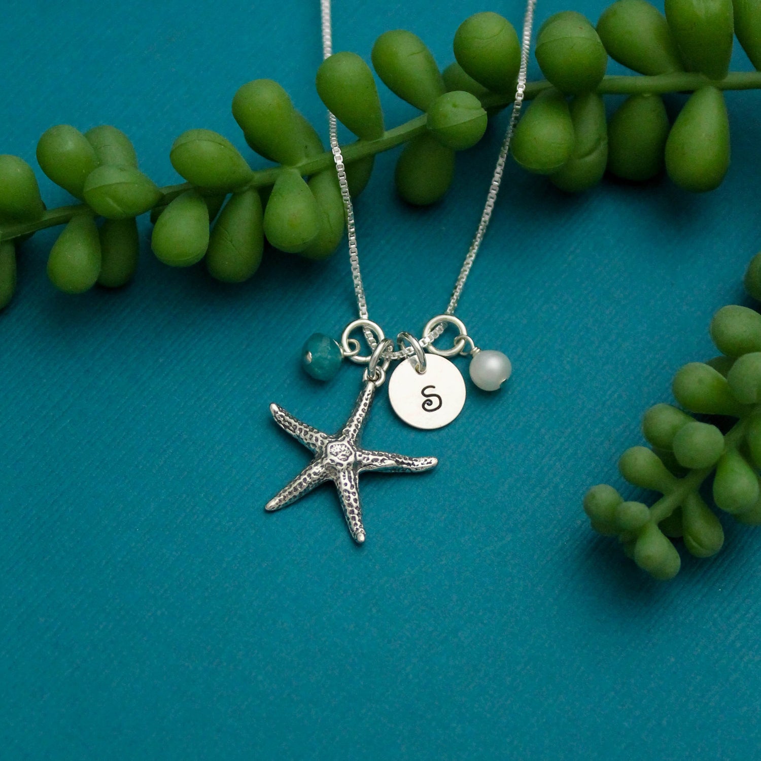 Sterling Silver Personalized Starfish Necklace with Initial and Birthstone, Pearl, Shell or Sea Glass Charms Hand Stamped Jewelry