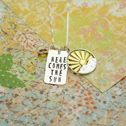 Here Comes the Sun Necklace, Sun Jewelry, Positive Jewelry, Fun Celestial Sun Jewelry, Gifts for Her, Personalized Hand Stamped Jewelry