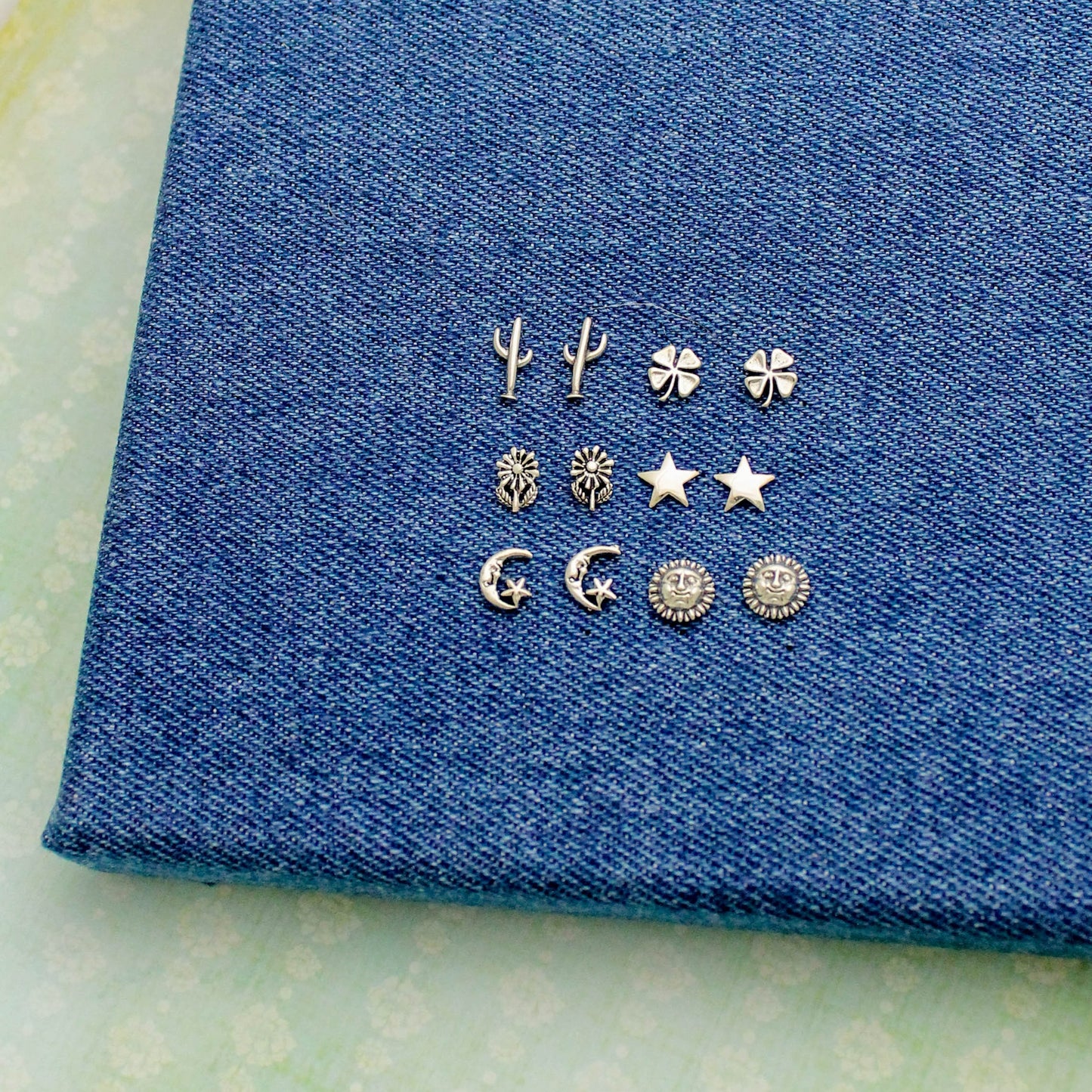 Flower and Celestial Studs in Sterling Silver, Sun, Moon with Stars, Stars, Daisies, Clovers, & Cactus, Silver Stud Earrings, Gift for Her