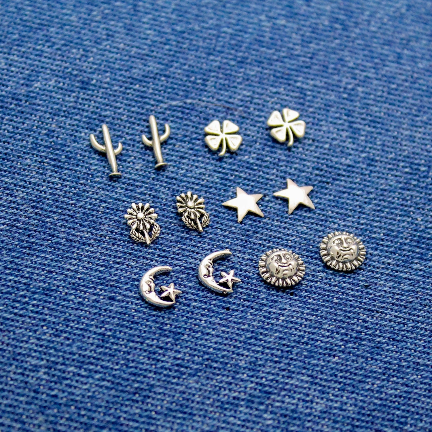 Flower and Celestial Studs in Sterling Silver, Sun, Moon with Stars, Stars, Daisies, Clovers, & Cactus, Silver Stud Earrings, Gift for Her