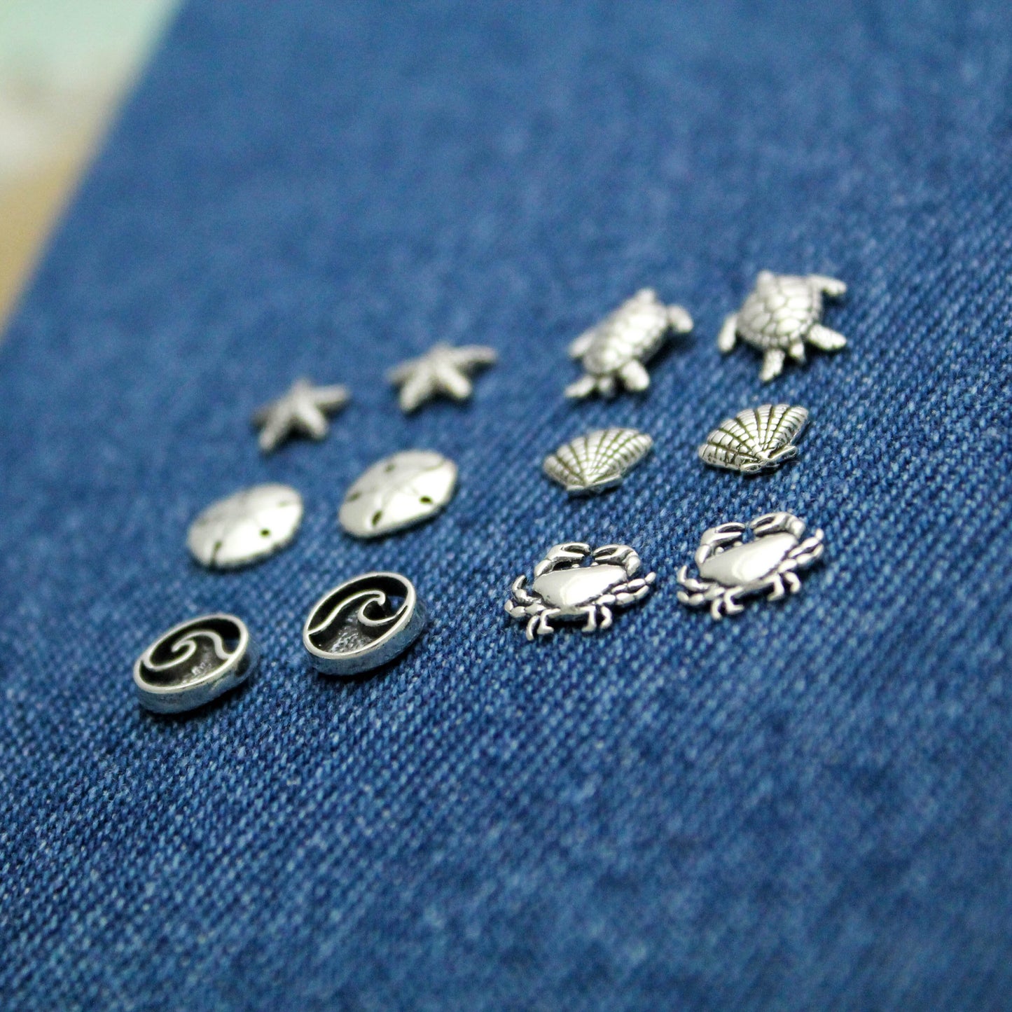 Cute Beach Studs in Sterling Silver, Waves, Crabs, Shells, Turtles, Starfish, & Sand dollar, Silver Stud Earrings, Cute Gift for Her