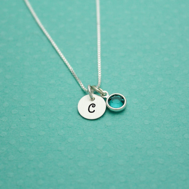 Sterling Silver Necklace with Tiny Initial and Birthstone Crystal Charm Bridesmaid Hand Stamped Jewelry