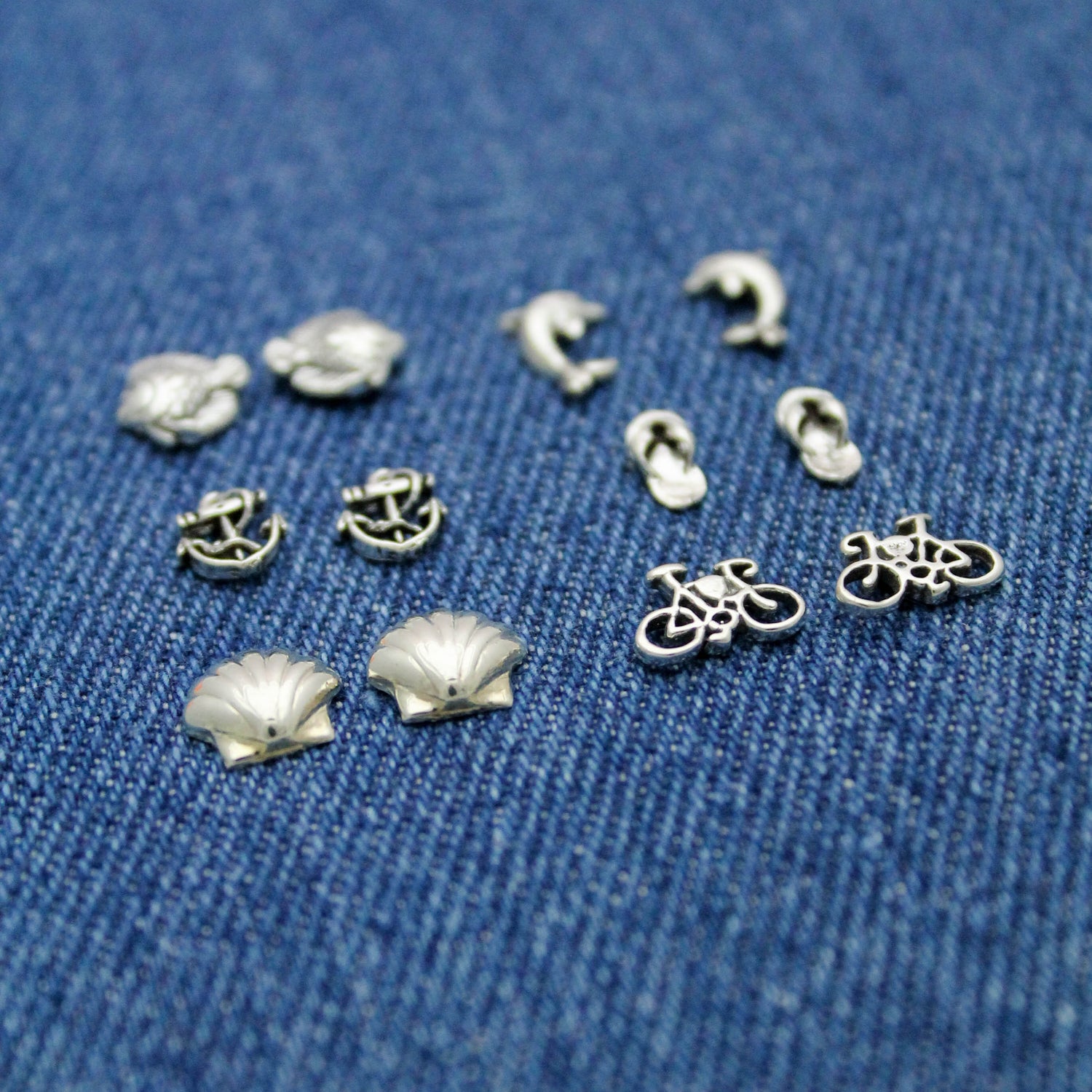 Cute Beach Studs in Sterling Silver, Shells, Anchors, Tropical Fish, Dolphins, Flip Flops, & Bicycles, Silver Stud Earrings, Gift for Her