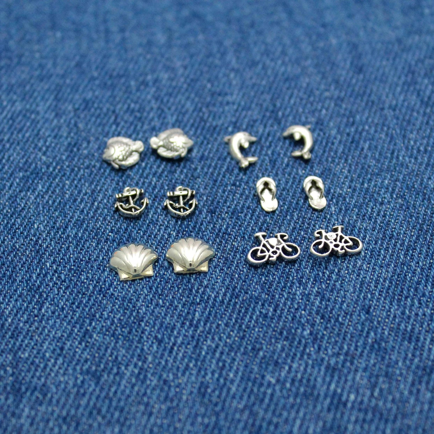 Cute Beach Studs in Sterling Silver, Shells, Anchors, Tropical Fish, Dolphins, Flip Flops, & Bicycles, Silver Stud Earrings, Gift for Her