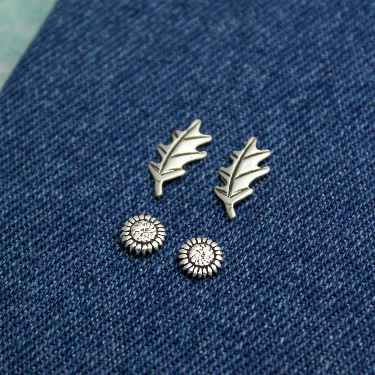 Cute Studs in Sterling Silver Sunflowers and Fall Leaves, Minimalist Silver Stud Earrings, Cute Gift for Her, Fall Style Stud Earrings