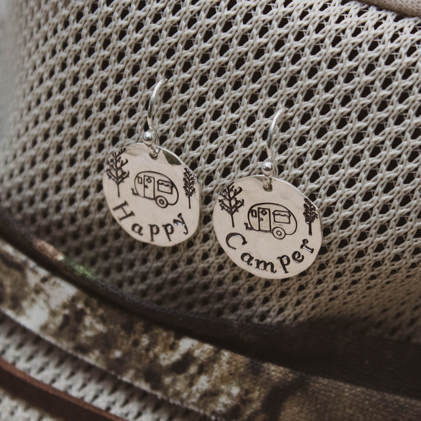 Happy Camper Sterling Silver Earrings, Airstream Camper Jewelry, Hand Stamped Personalized Earrings, Camper Jewelry Camping Gift for Her
