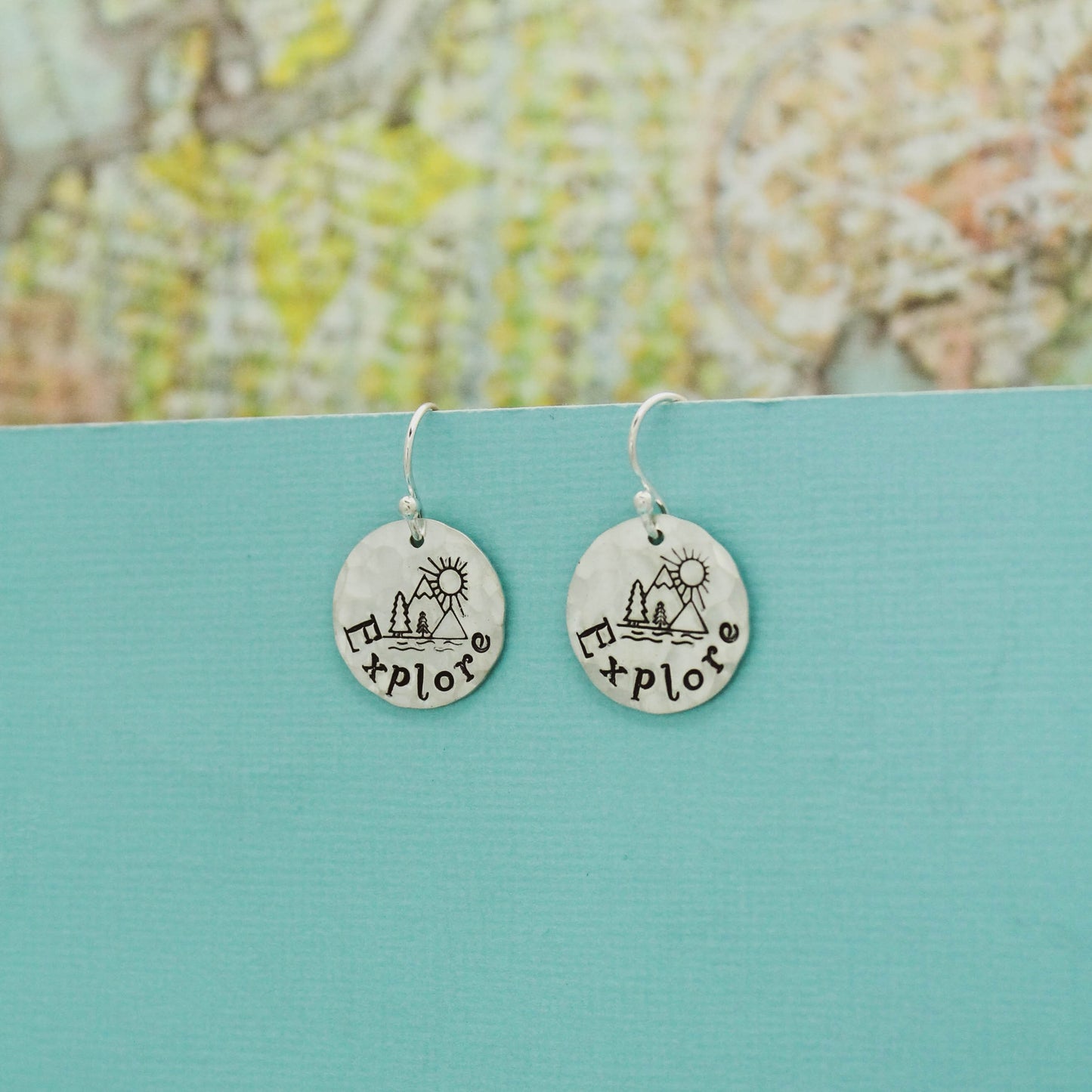 Explore Sterling Silver Earrings, Explore Mountains Jewelry, Hand Stamped Personalized Earrings, Camper Explore Jewelry Camping Gift for Her