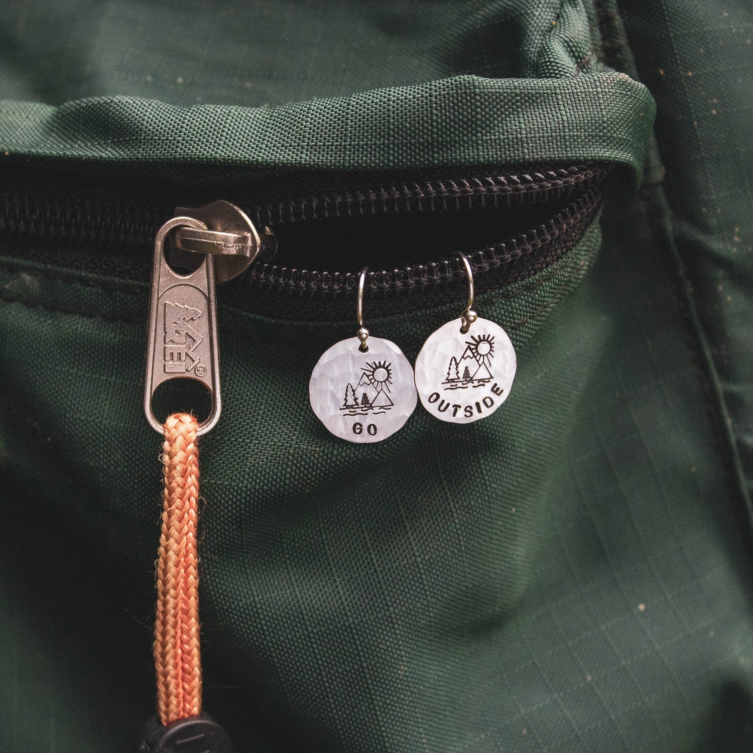 GO OUTSIDE Sterling Silver Earrings, Mountain Hiker Jewelry, Hand Stamped Personalized Earrings, Happy Camper Jewelry Camping Gift for Her