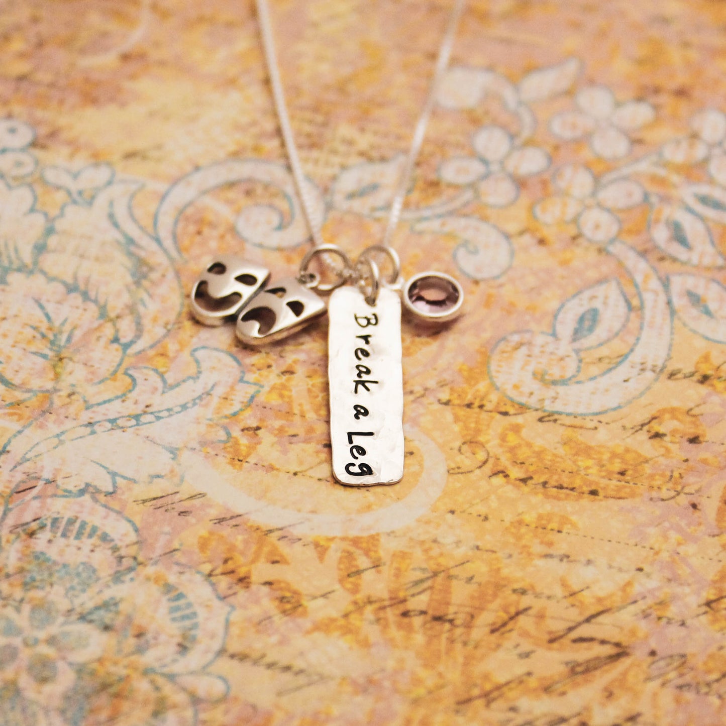 Break A Leg Theater Actor Necklace, Personalized Theater Acting Necklace, Comedy Tragedy Charm Sterling Silver Personalized Hand Stamped