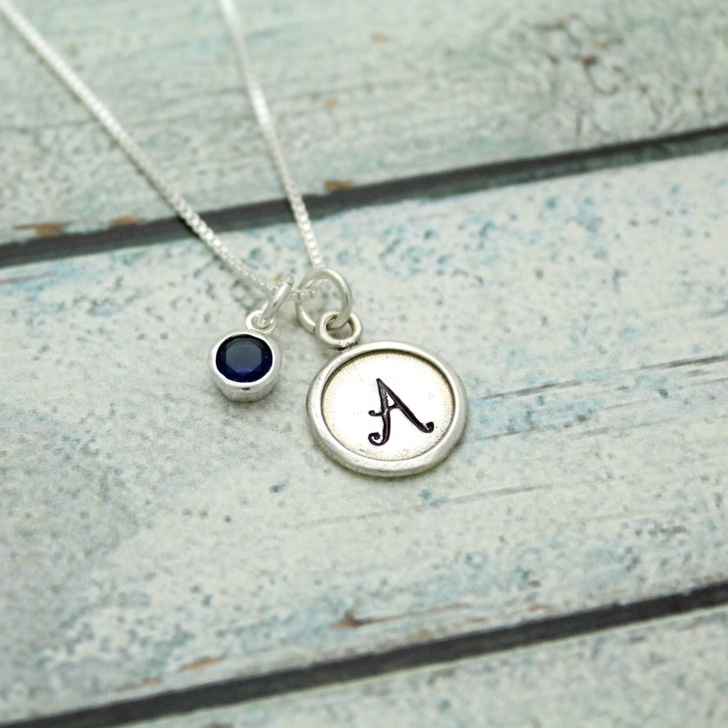 September Birthstone Initial Necklace, Sapphire Jewelry, September Birthday Gift, September Birthstone Jewelry, Wax Seal, Sterling Silver