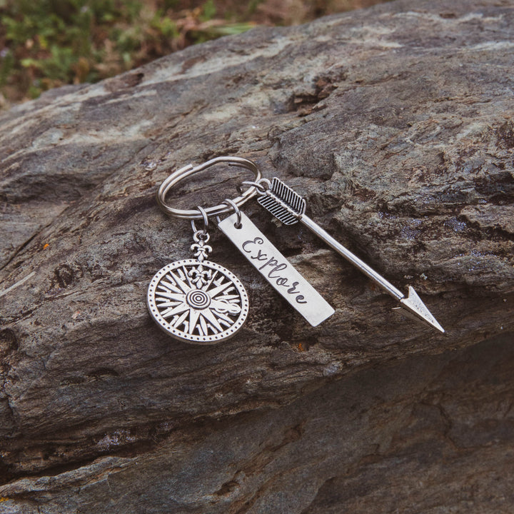 Explore Arrow Key Chain, Adventuring Keychain, Hiker Gift, Outdoorsy Gift, Gifts for Her, Gifts for Him, Happy Camper Keychain, Explore