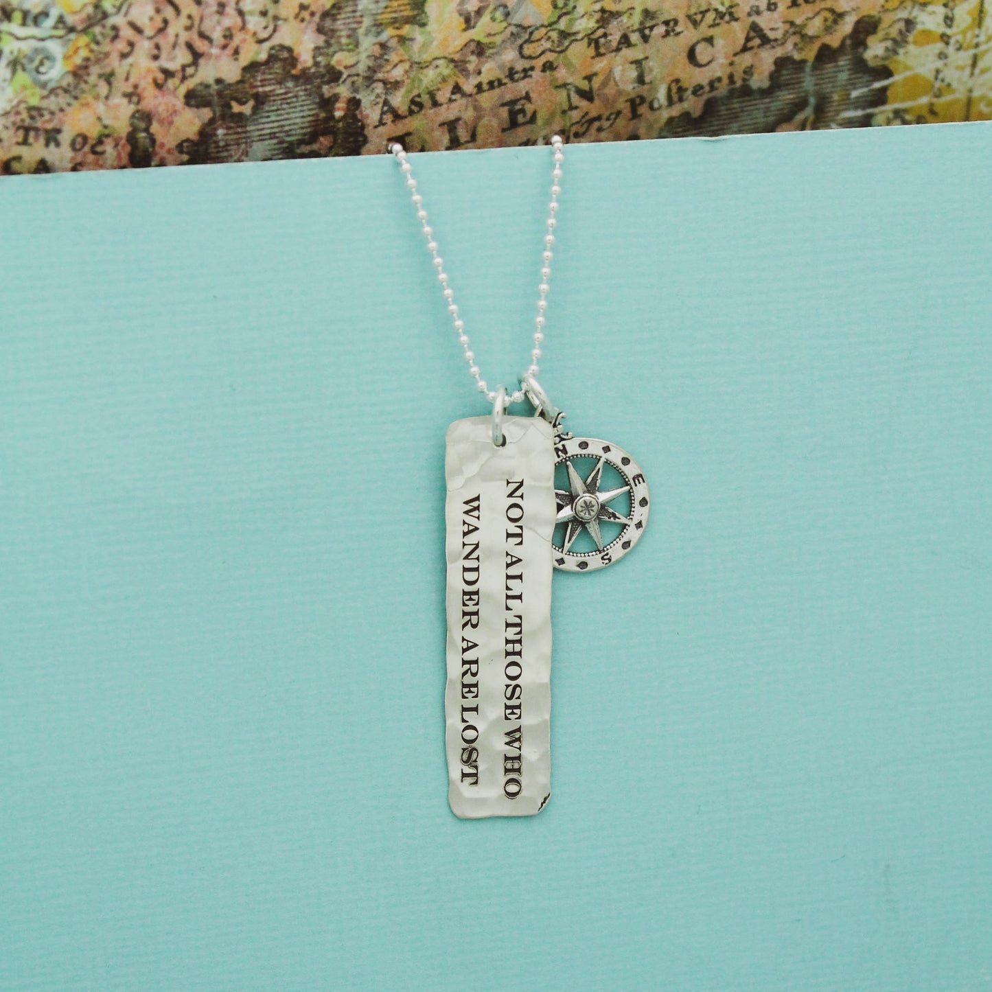 Sterling Silver Tag Necklace Not All Those Who Wander Are Lost Compass Hand Stamped Jewelry, Wanderlust Jewelry, Graduation Gifts for Her