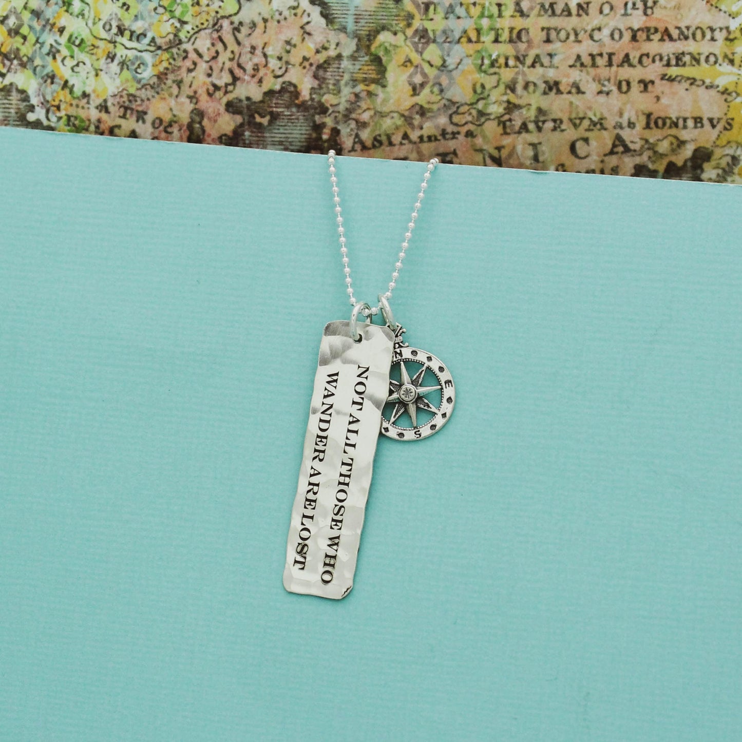 Sterling Silver Tag Necklace Not All Those Who Wander Are Lost Compass Hand Stamped Jewelry, Wanderlust Jewelry, Graduation Gifts for Her
