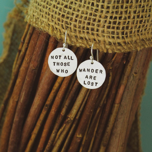 Not All Those Who Wander Are Lost Sterling Silver Earrings, Adventure Jewelry, Hand Stamped Personalized Earrings, Cute Camping Gift for Her