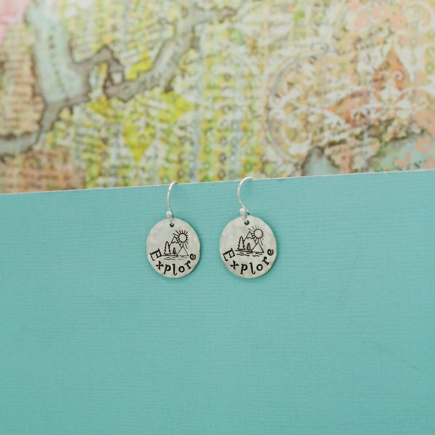Explore Sterling Silver Earrings, Explore Mountains Jewelry, Hand Stamped Personalized Earrings, Camper Explore Jewelry Camping Gift for Her
