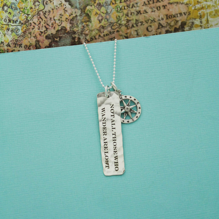 Sterling Silver Tag Necklace Not All Those Who Wander Are Lost Compass Hand Stamped Jewelry, Wanderlust Jewelry, Graduation Gifts for Her