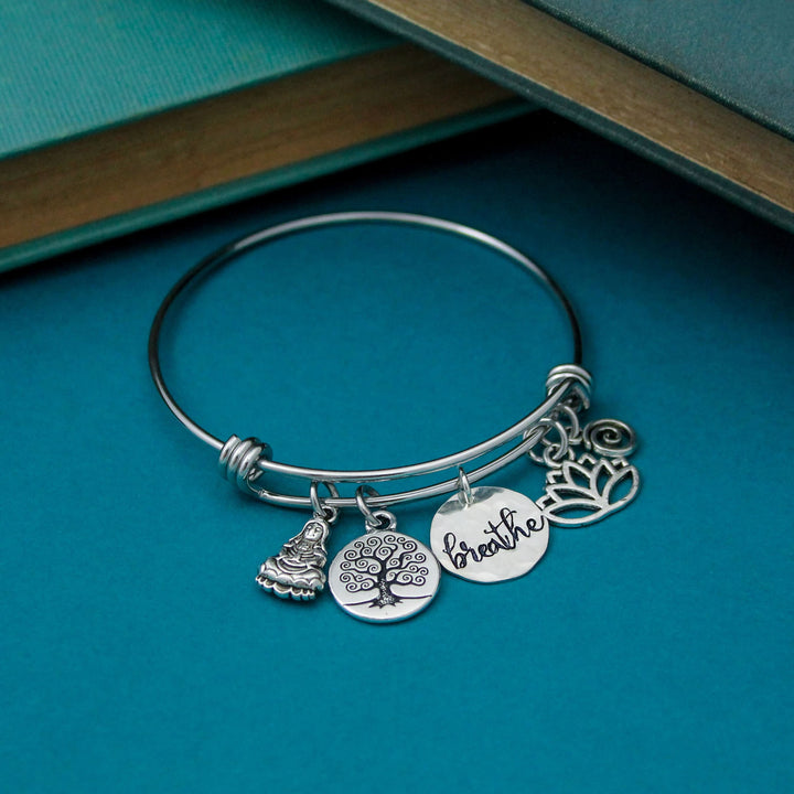 Breathe Bracelet, Just Breathe Bangle, Positive Jewelry Bracelet, Yoga Bracelet Gift, Hand Stamped Personalized Jewelry Gift, Gift for Her