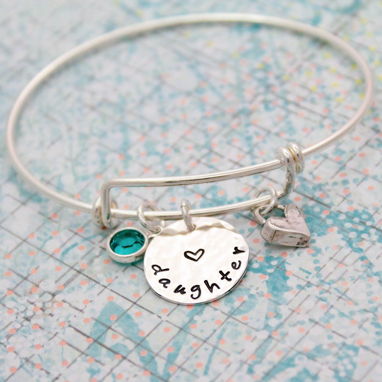 Daughter Bracelet with Birthstone, Personalized Daughter Bangle, Daughter Gift, Hand Stamped Jewelry, .925 Silver Cute Jewelry for Daughters