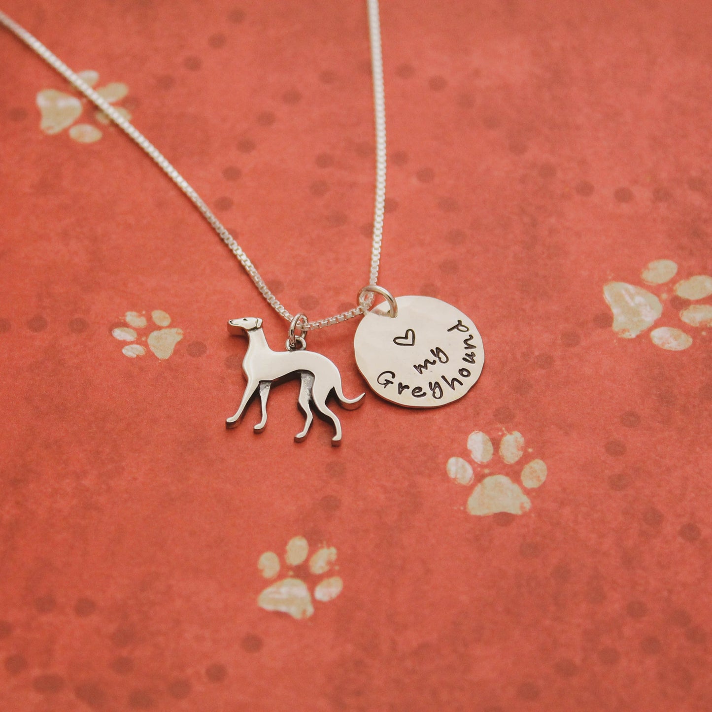 LOVE my Greyhound Necklace, Sterling Silver Greyhound Dog Necklace, Greyhound Lover Gift, New Pet Gift, Greyhound Jewelry, Hand Stamped Dog