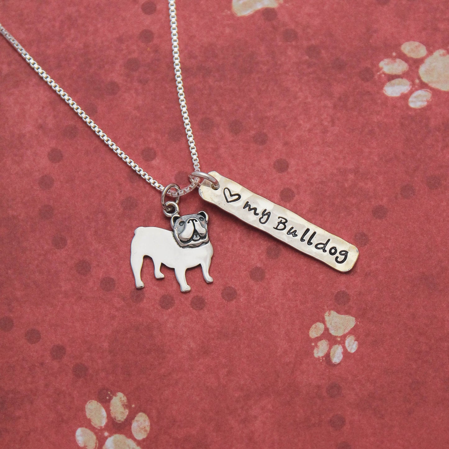 LOVE my Bulldog Necklace, Sterling Silver English Bulldog Necklace, Bulldog Lover Gift, Bulldog Dog Jewelry, English Bulldog Gift for Her