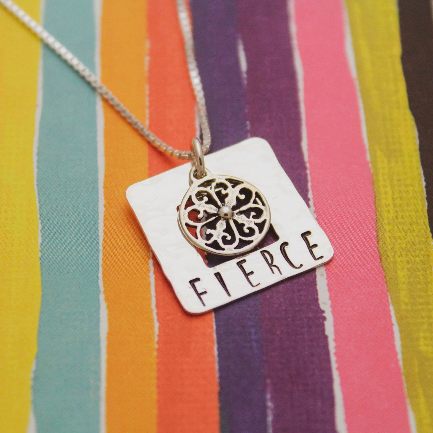 FIERCE Necklace, Mandala Necklace, Sterling Silver Hand Stamped Jewelry, Custom Motivational Inspirational Gift for Her, Fierce Gift