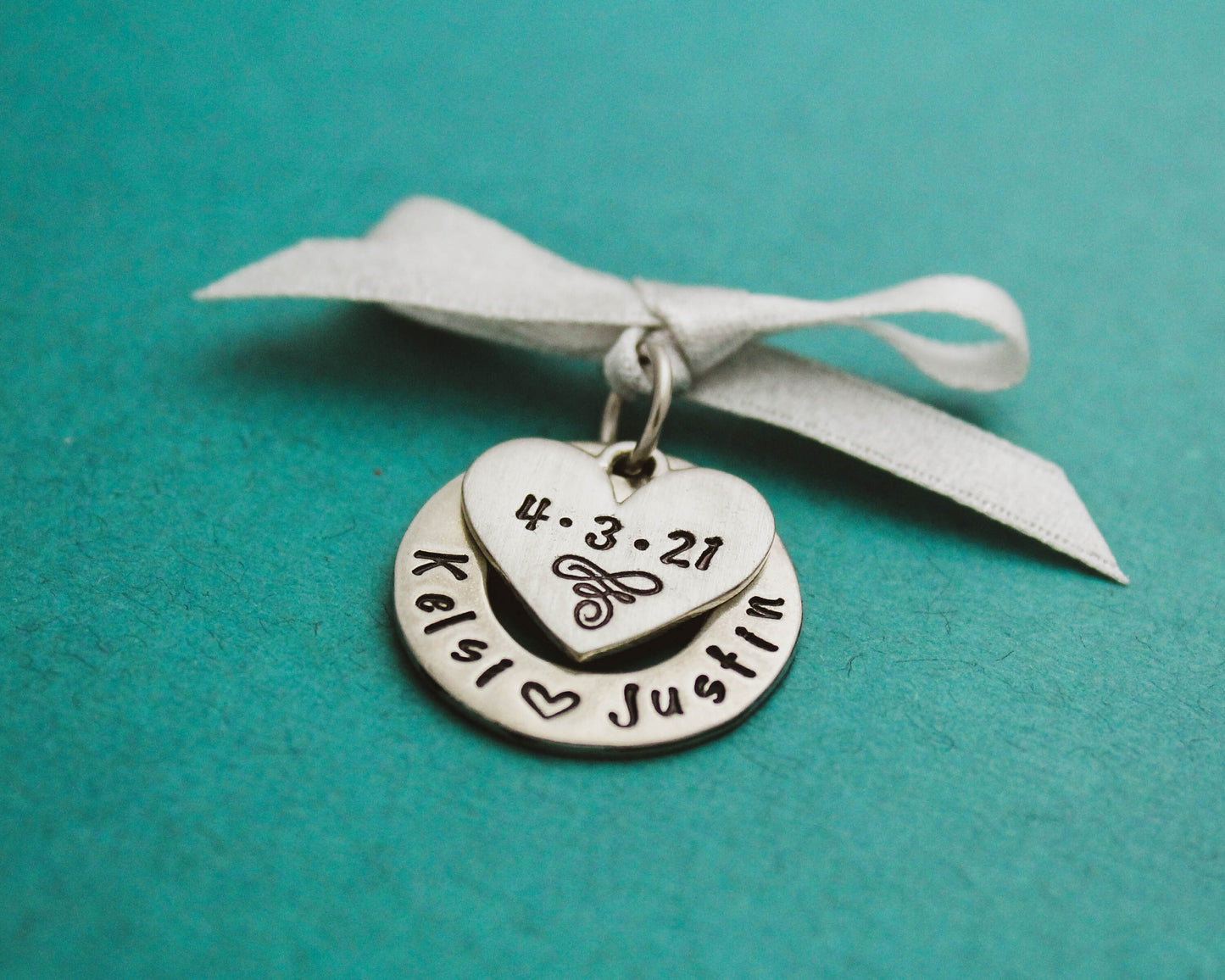 Personalized Wedding Bouquet Charm in Pewter Hand Stamped Jewelry