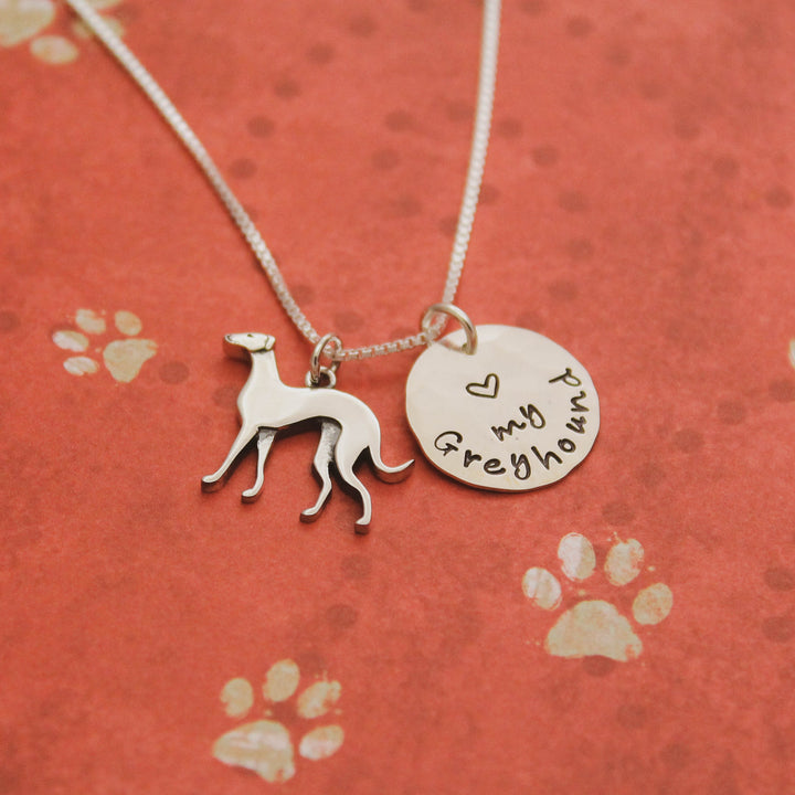 LOVE my Greyhound Necklace, Sterling Silver Greyhound Dog Necklace, Greyhound Lover Gift, New Pet Gift, Greyhound Jewelry, Hand Stamped Dog
