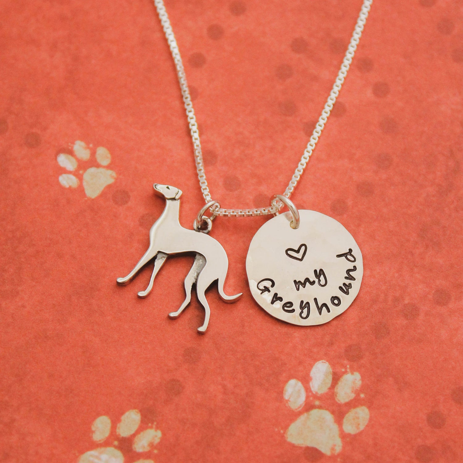 LOVE my Greyhound Necklace, Sterling Silver Greyhound Dog Necklace, Greyhound Lover Gift, New Pet Gift, Greyhound Jewelry, Hand Stamped Dog