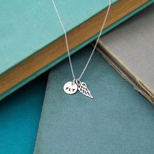With Wings She Flies Necklace Personalized Sterling Silver, Hand Stamped Jewelry Gift, Fly Jewelry, Fly Wings Box Gift, Hand-Stamped Fly