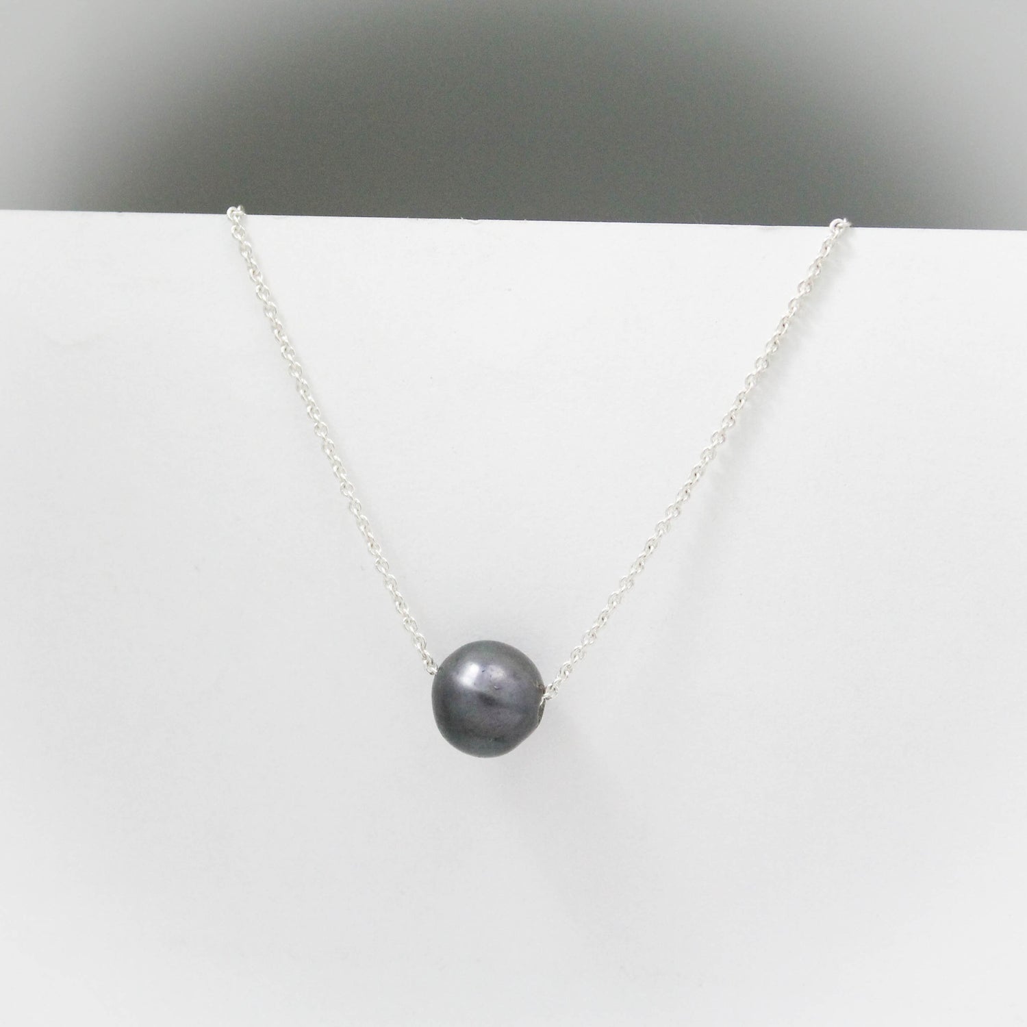 Floating Pearl Necklace, Sterling Silver Pearl Necklace, Minimalist Bridal Necklace, Single Pearl, Suspended Pearl Wedding Necklace