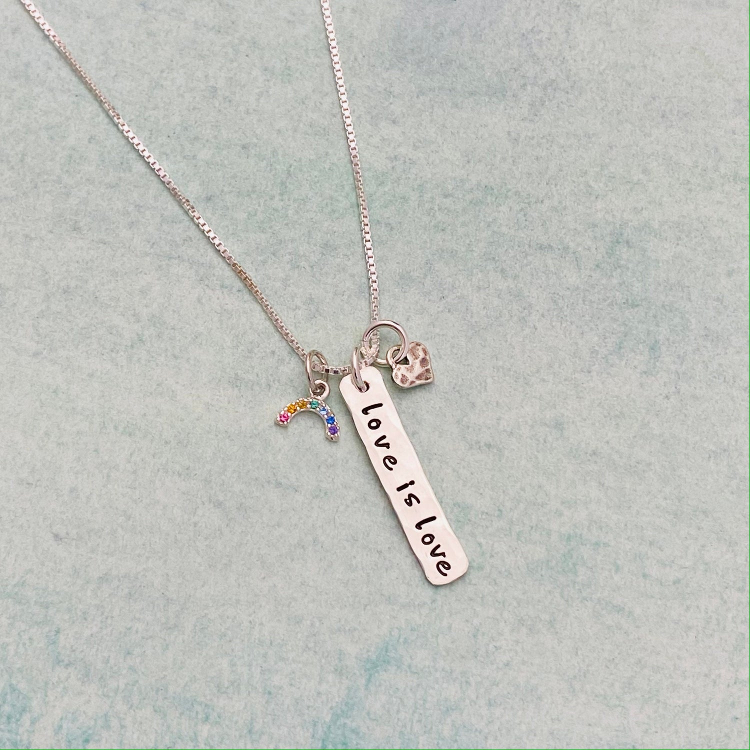 Love is Love Necklace, Cute Rainbow Pride Necklace, Valentine's Day Gift, LGBTQ+ Jewelry, Tiny Hand Stamped Charm Necklace, Rainbow Necklace