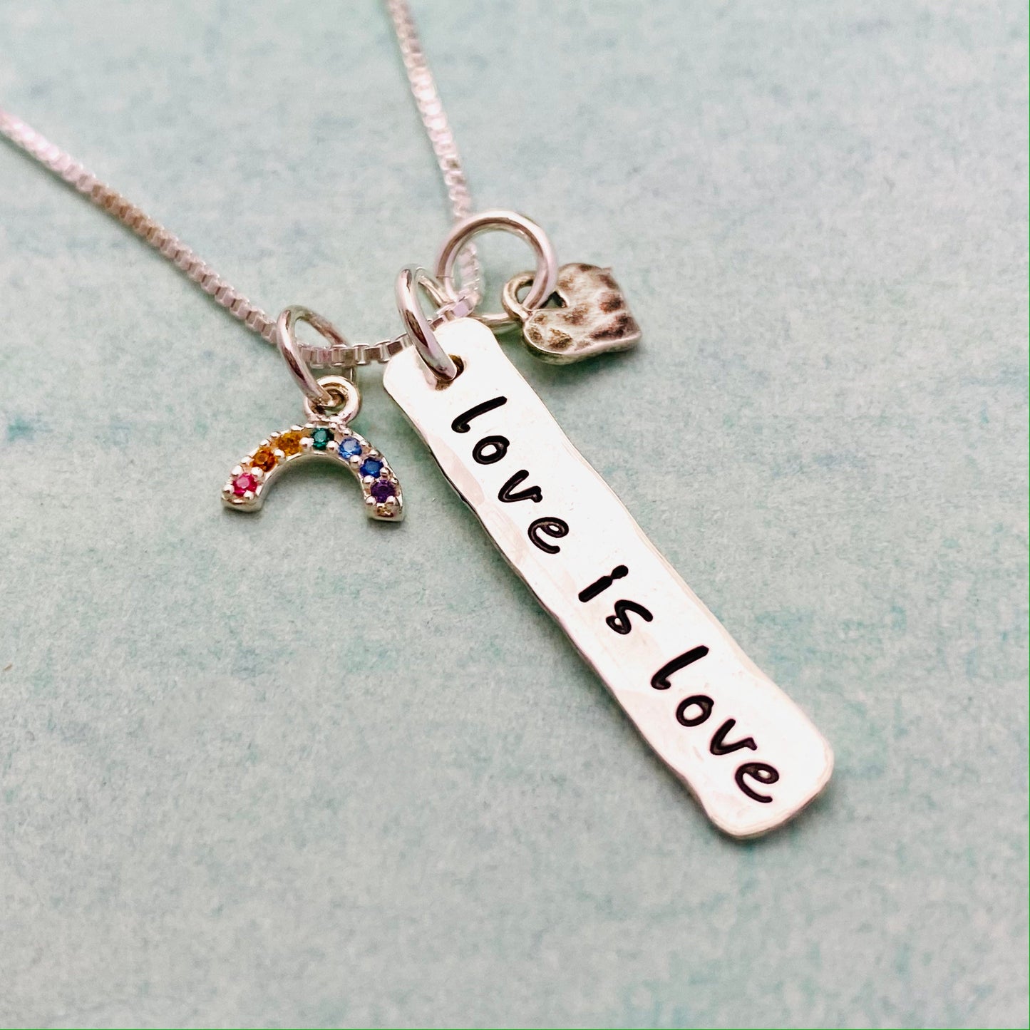 Love is Love Necklace, Cute Rainbow Pride Necklace, Valentine's Day Gift, LGBTQ+ Jewelry, Tiny Hand Stamped Charm Necklace, Rainbow Necklace