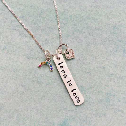 Love is Love Necklace, Cute Rainbow Pride Necklace, Valentine's Day Gift, LGBTQ+ Jewelry, Tiny Hand Stamped Charm Necklace, Rainbow Necklace