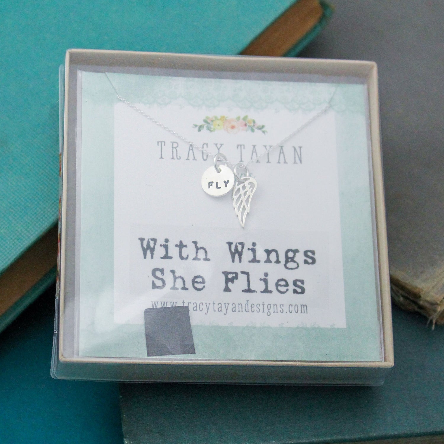 With Wings She Flies Necklace Personalized Sterling Silver, Hand Stamped Jewelry Gift, Fly Jewelry, Fly Wings Box Gift, Hand-Stamped Fly