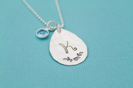 Sterling Silver Teardrop Initial Necklace with Birthstone Crystal Charm Bridesmaid Hand Stamped Jewelry, Unique Hand Stamped Initial Jewelry