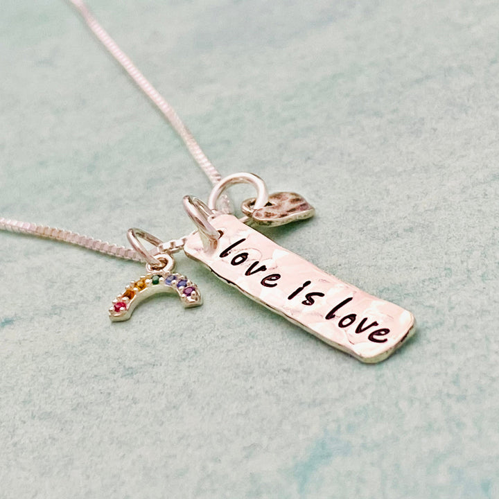 Love is Love Necklace, Cute Rainbow Pride Necklace, Valentine's Day Gift, LGBTQ+ Jewelry, Tiny Hand Stamped Charm Necklace, Rainbow Necklace