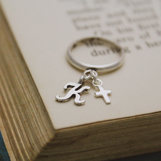 Cross & Initial Charm Ring, Sterling Silver Initial Ring, Dangle Ring, Personalized Jewelry, Initial Jewelry, Faith Charm Ring, Gift for Her