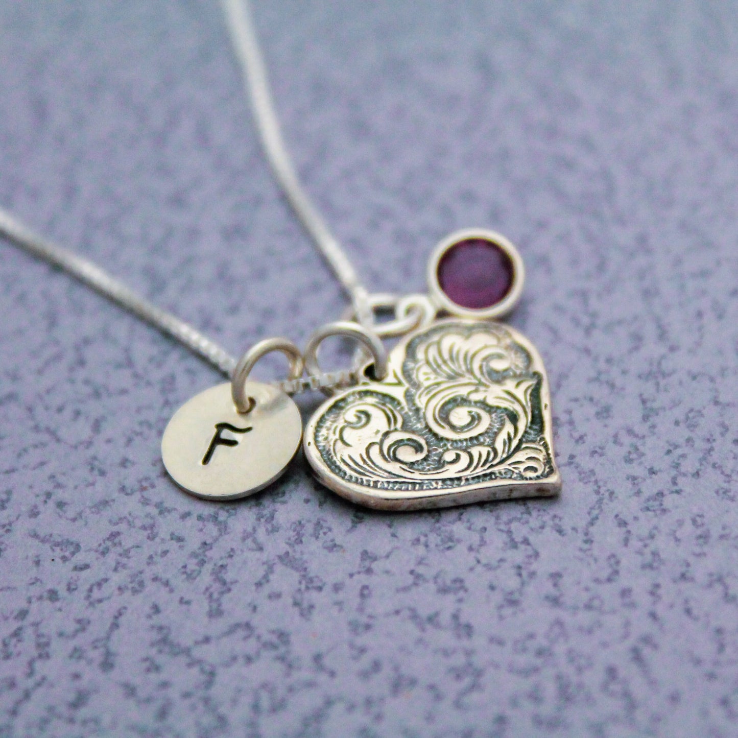 Initial and Decorative Heart Necklace in Sterling Silver Hand Stamped Personalized Jewelry, Birthstone Jewelry for Her, Cute Heart Necklace