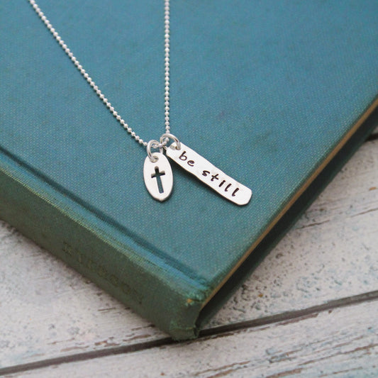Be Still Cross Charm Necklace, Confirmation Cross Necklace, First Communion Cross Necklace, Personalized Hand Stamped Jewelry