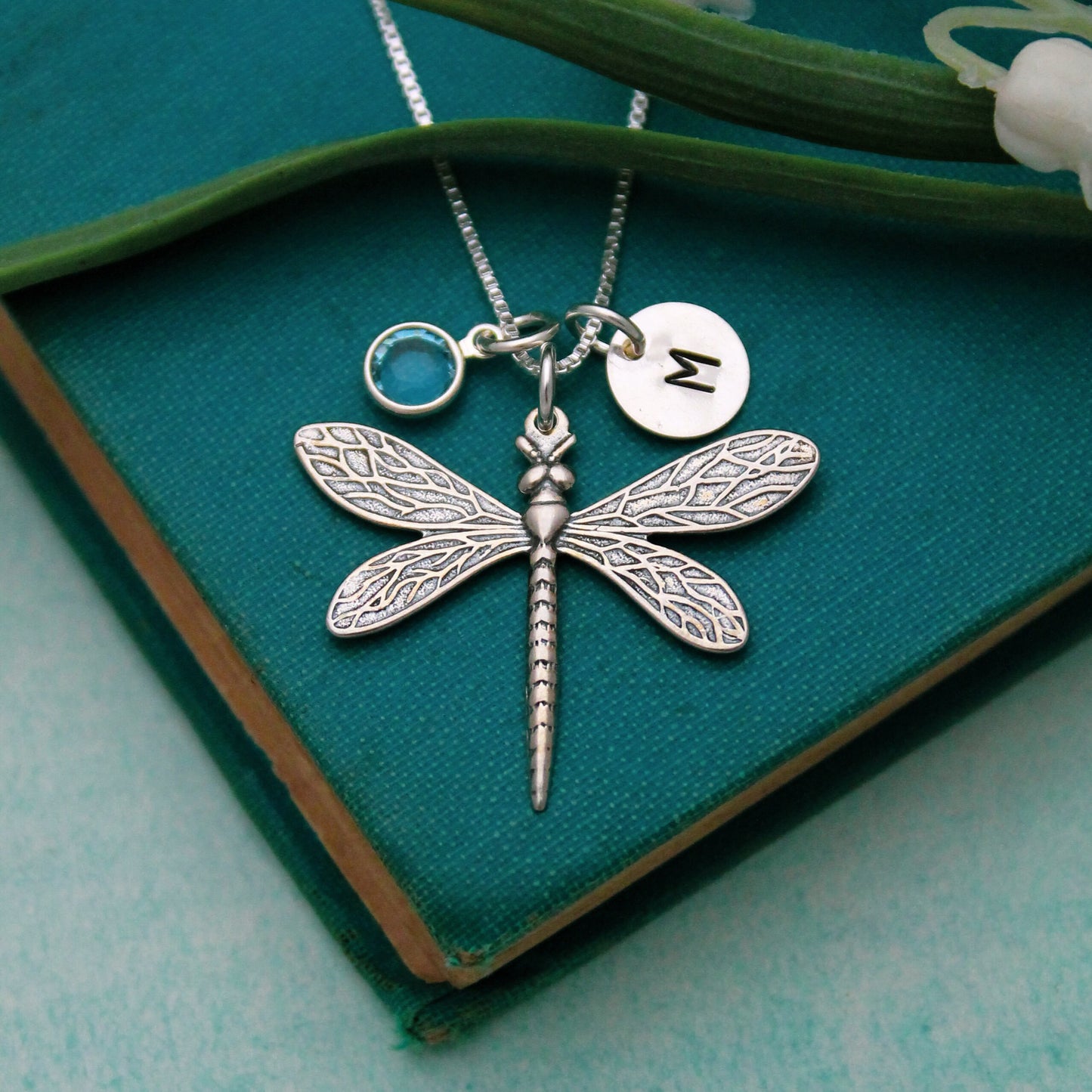 Dragonfly Necklace in Sterling Silver with Initial & Birthstone, Birthstone Birthday Gift, Personalized Gift, Initial March Birthstone Gift