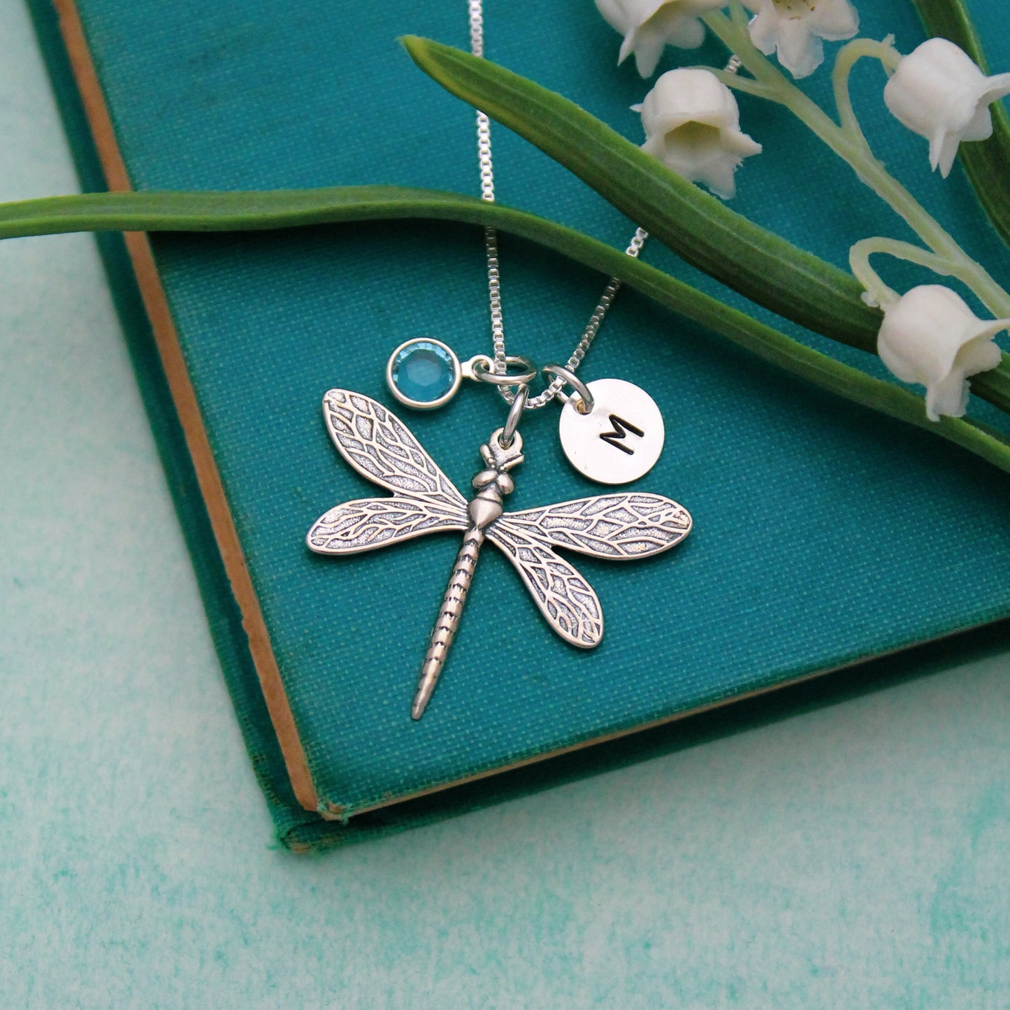 Dragonfly Necklace in Sterling Silver with Initial & Birthstone, Birthstone Birthday Gift, Personalized Gift, Initial March Birthstone Gift