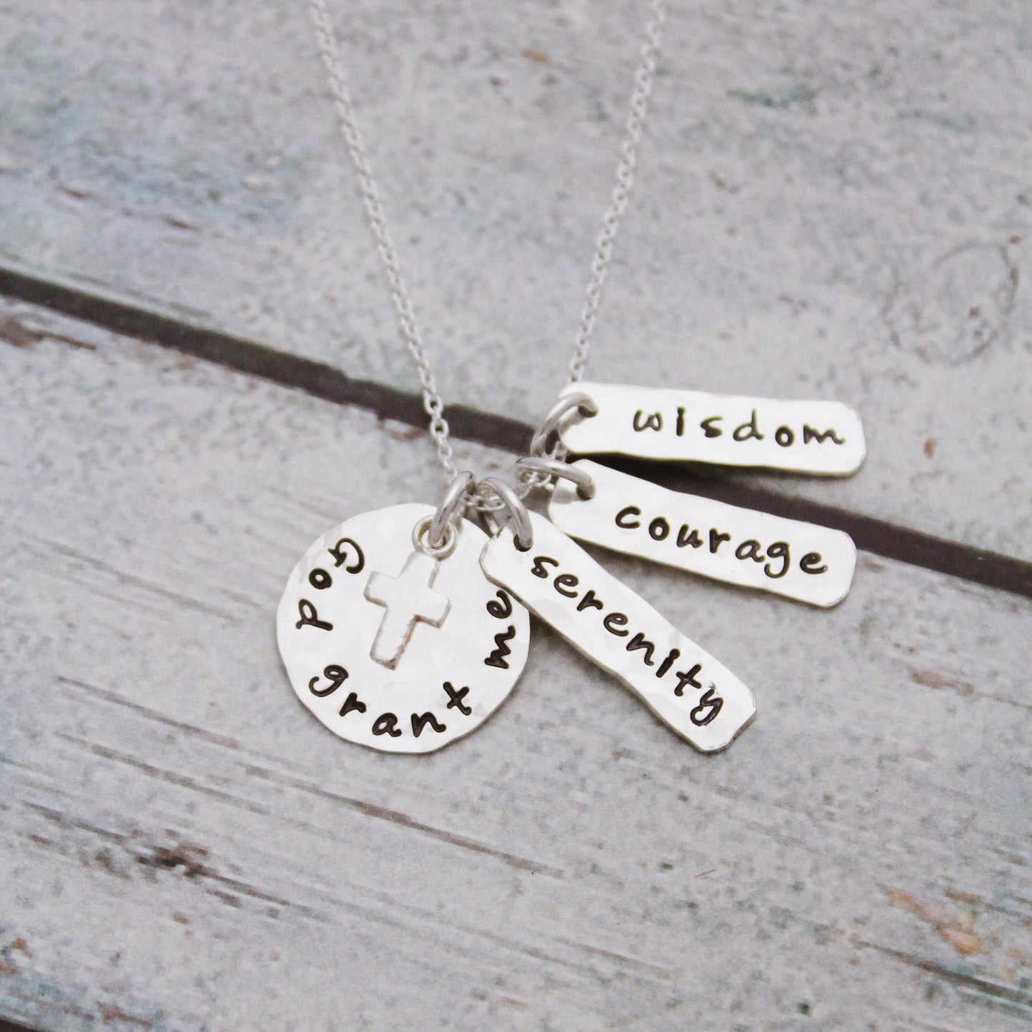 Serenity Prayer Pendant Necklace in Sterling Silver with Cross Charm, Personalized Hand Stamped Jewelry God Grant Me Wisdom Courage Serenity