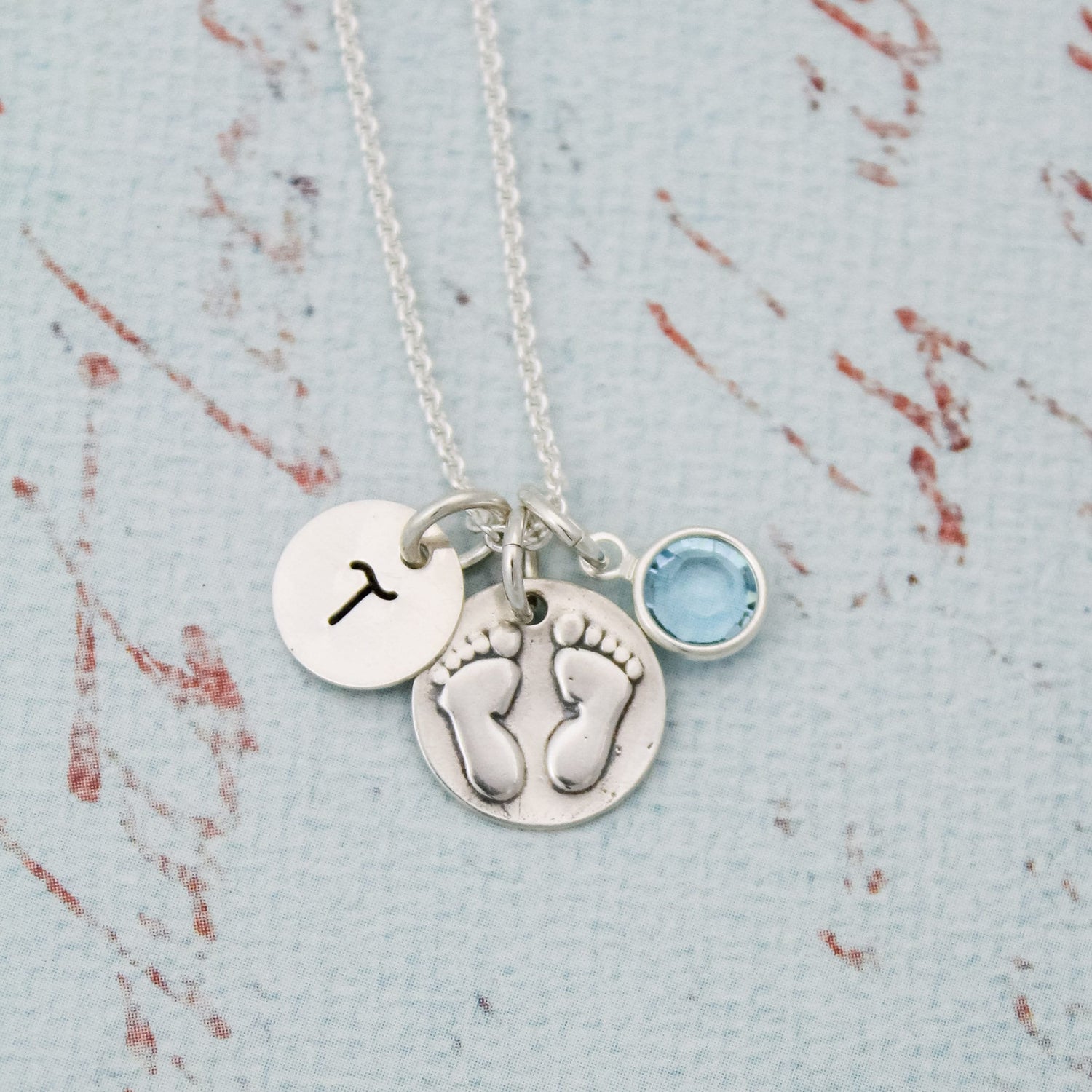 Baby Feet Necklace with Initial and Birthstone 16