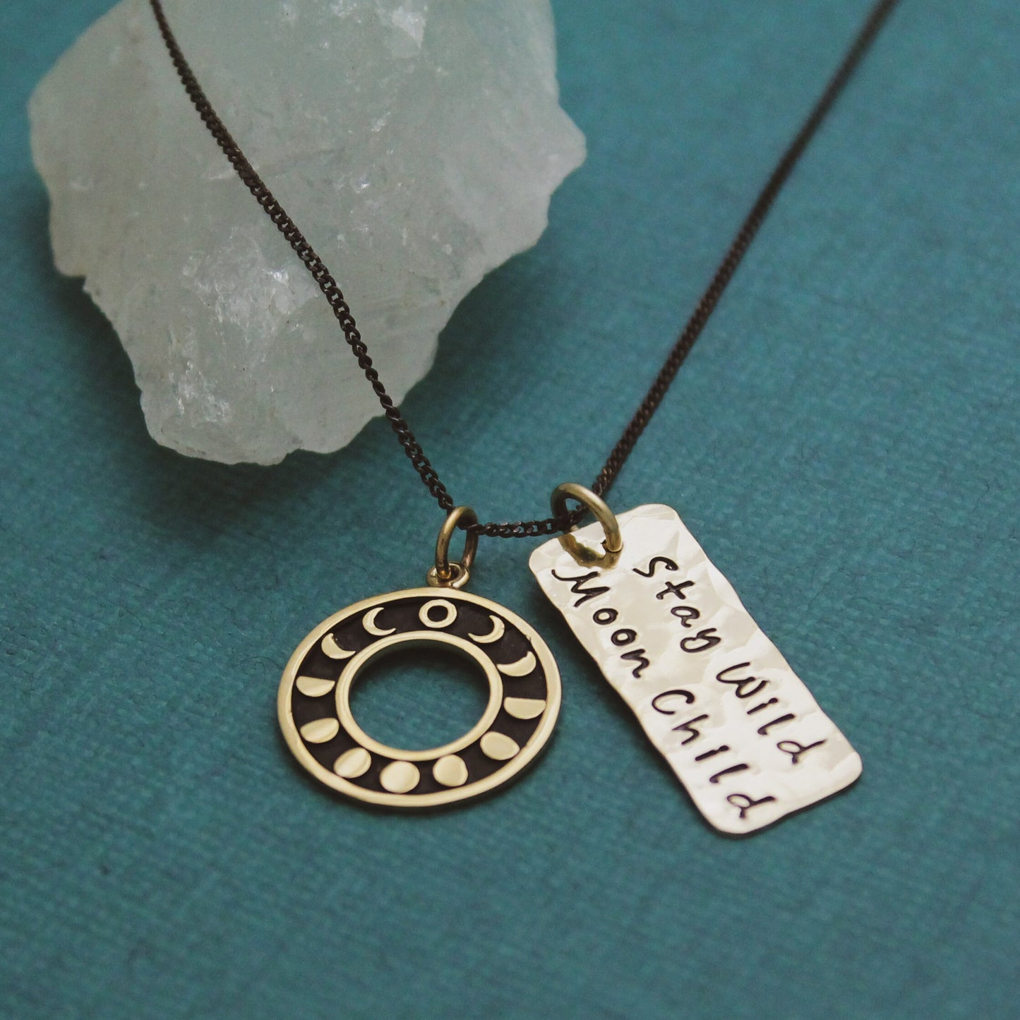 Stay Wild Moon Child Moon Phases Necklace, 14K Gold & Bronze, Celestial Jewelry, Oxidized Black Chain, Black and Gold Necklace, Gift for Her