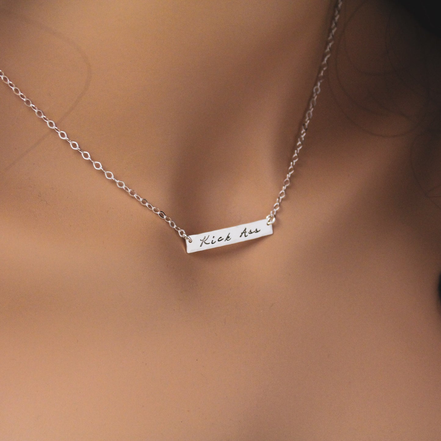 Sterling Silver Bar Necklace, Kick Ass Necklace, Personalized Bar Necklace, Silver Bar Necklace, Fun Grad Necklace, Hand Stamped Jewelry